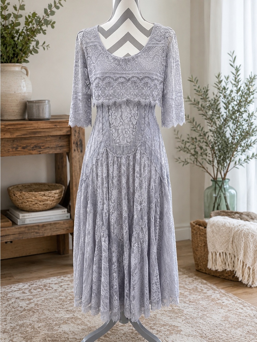 Free People Gray Lace Boho Midi Maxi Dress SIZE XS